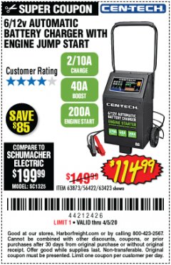 Harbor Freight Coupon 2/10/40/200 AMP 6/12 VOLT AUTOMATIC BATTERY CHARGER WITH ENGINE JUMP START Lot No. 63873/56422 Expired: 6/30/20 - $114.99