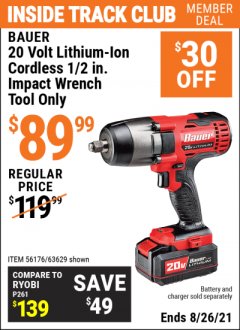 Harbor Freight ITC Coupon BAUER 20 VOLT LITHIUM CORDLESS 1/2" IMPACT WRENCH Lot No. 63629/56176 Expired: 8/26/21 - $89.99