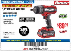 Harbor Freight Coupon BAUER 20 VOLT LITHIUM CORDLESS 1/2" IMPACT WRENCH Lot No. 63629/56176 Expired: 7/22/18 - $89.99