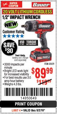 Harbor Freight Coupon BAUER 20 VOLT LITHIUM CORDLESS 1/2" IMPACT WRENCH Lot No. 63629/56176 Expired: 9/2/18 - $89.99