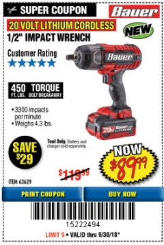 Harbor Freight Coupon BAUER 20 VOLT LITHIUM CORDLESS 1/2" IMPACT WRENCH Lot No. 63629/56176 Expired: 9/30/18 - $89.99