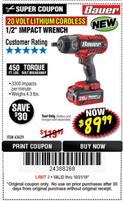 Harbor Freight Coupon BAUER 20 VOLT LITHIUM CORDLESS 1/2" IMPACT WRENCH Lot No. 63629/56176 Expired: 10/21/18 - $89.99