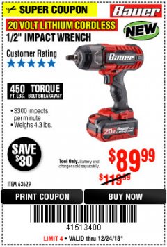 Harbor Freight Coupon BAUER 20 VOLT LITHIUM CORDLESS 1/2" IMPACT WRENCH Lot No. 63629/56176 Expired: 12/24/18 - $89.99