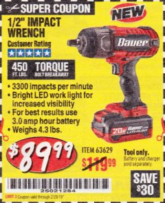 Harbor Freight Coupon BAUER 20 VOLT LITHIUM CORDLESS 1/2" IMPACT WRENCH Lot No. 63629/56176 Expired: 2/28/19 - $89.99