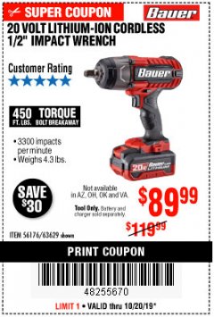 Harbor Freight Coupon BAUER 20 VOLT LITHIUM CORDLESS 1/2" IMPACT WRENCH Lot No. 63629/56176 Expired: 10/20/19 - $89.99