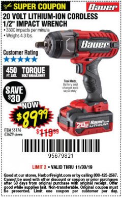Harbor Freight Coupon BAUER 20 VOLT LITHIUM CORDLESS 1/2" IMPACT WRENCH Lot No. 63629/56176 Expired: 11/30/19 - $89.99