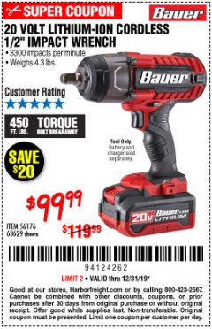 Harbor Freight Coupon BAUER 20 VOLT LITHIUM CORDLESS 1/2" IMPACT WRENCH Lot No. 63629/56176 Expired: 12/31/19 - $99.99