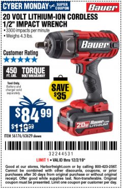 Harbor Freight Coupon BAUER 20 VOLT LITHIUM CORDLESS 1/2" IMPACT WRENCH Lot No. 63629/56176 Expired: 12/1/19 - $84.99