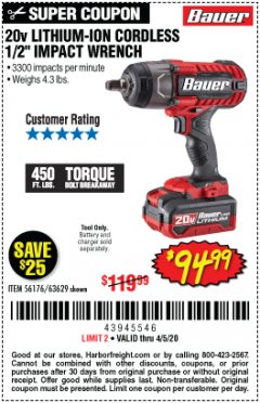 Harbor Freight Coupon BAUER 20 VOLT LITHIUM CORDLESS 1/2" IMPACT WRENCH Lot No. 63629/56176 Expired: 6/30/20 - $94.99