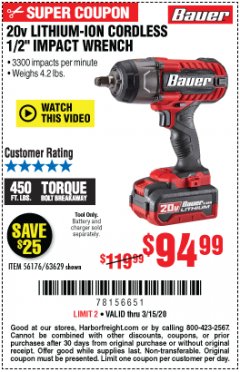 Harbor Freight Coupon BAUER 20 VOLT LITHIUM CORDLESS 1/2" IMPACT WRENCH Lot No. 63629/56176 Expired: 3/15/20 - $94.99