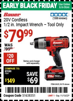 Harbor Freight Coupon BAUER 20 VOLT LITHIUM CORDLESS 1/2" IMPACT WRENCH Lot No. 63629/56176 Expired: 11/13/22 - $79.99