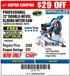 Harbor Freight Coupon HERCULES PROFESSIONAL 12" DOUBLE-BEVEL SLIDING MITER SAW Lot No. 63978/56682 Expired: 6/10/18 - $369.99