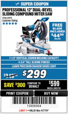 Harbor Freight Coupon HERCULES PROFESSIONAL 12" DOUBLE-BEVEL SLIDING MITER SAW Lot No. 63978/56682 Expired: 4/7/19 - $299.99