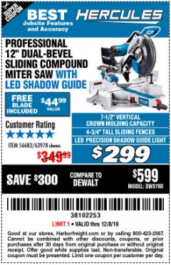 Harbor Freight Coupon HERCULES PROFESSIONAL 12" DOUBLE-BEVEL SLIDING MITER SAW Lot No. 63978/56682 Expired: 12/8/19 - $299