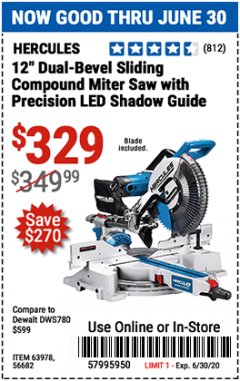 Harbor Freight Coupon HERCULES PROFESSIONAL 12" DOUBLE-BEVEL SLIDING MITER SAW Lot No. 63978/56682 Expired: 6/30/20 - $329