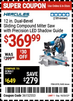 Harbor Freight Coupon HERCULES PROFESSIONAL 12" DOUBLE-BEVEL SLIDING MITER SAW Lot No. 63978/56682 Expired: 10/23/22 - $369.99