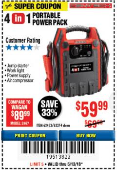Harbor Freight Coupon 4-IN-1 JUMP STARTER WITH AIR COMPRESSOR Lot No. 60666/69401/62374/62453 Expired: 5/13/18 - $59.99