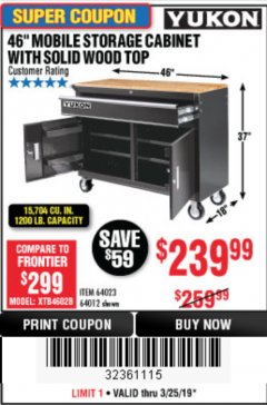 Harbor Freight Coupon YUKON 46" MOBILE WORKBENCH WITH SOLID WOOD TOP Lot No. 64023/64012 Expired: 3/25/19 - $239.99