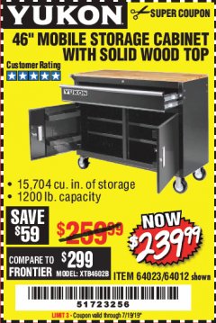 Harbor Freight Coupon YUKON 46" MOBILE WORKBENCH WITH SOLID WOOD TOP Lot No. 64023/64012 Expired: 7/19/19 - $239.99