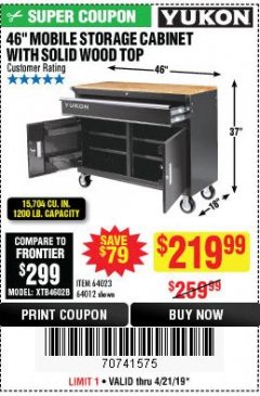 Harbor Freight Coupon YUKON 46" MOBILE WORKBENCH WITH SOLID WOOD TOP Lot No. 64023/64012 Expired: 4/21/19 - $219.99