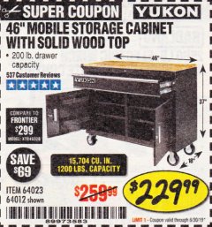 Harbor Freight Coupon YUKON 46" MOBILE WORKBENCH WITH SOLID WOOD TOP Lot No. 64023/64012 Expired: 6/30/19 - $229.99