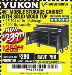 Harbor Freight Coupon YUKON 46" MOBILE WORKBENCH WITH SOLID WOOD TOP Lot No. 64023/64012 Expired: 10/1/19 - $239.99