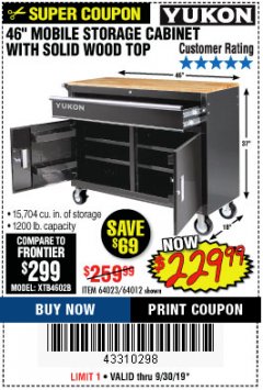 Harbor Freight Coupon YUKON 46" MOBILE WORKBENCH WITH SOLID WOOD TOP Lot No. 64023/64012 Expired: 9/30/19 - $229.99