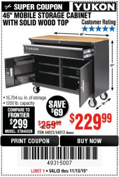 Harbor Freight Coupon YUKON 46" MOBILE WORKBENCH WITH SOLID WOOD TOP Lot No. 64023/64012 Expired: 11/13/19 - $229.99