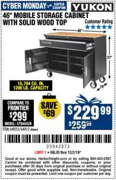 Harbor Freight Coupon YUKON 46" MOBILE WORKBENCH WITH SOLID WOOD TOP Lot No. 64023/64012 Expired: 12/2/19 - $229.99