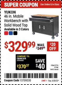 Harbor Freight Coupon YUKON 46" MOBILE WORKBENCH WITH SOLID WOOD TOP Lot No. 64023/64012 Expired: 3/20/22 - $329.99