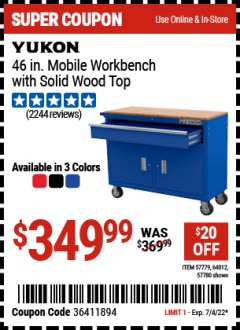 Harbor Freight Coupon YUKON 46" MOBILE WORKBENCH WITH SOLID WOOD TOP Lot No. 64023/64012 Expired: 7/4/22 - $349.99