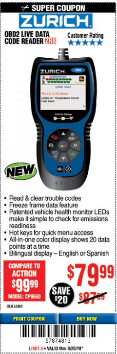 Harbor Freight Coupon ZURICH OBD2 CODE READER WITH LIVE DATA ZR8 Lot No. 63809 Expired: 8/26/18 - $79.99