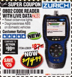 Harbor Freight Coupon ZURICH OBD2 CODE READER WITH LIVE DATA ZR8 Lot No. 63809 Expired: 11/30/18 - $74.99