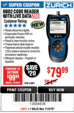 Harbor Freight Coupon ZURICH OBD2 CODE READER WITH LIVE DATA ZR8 Lot No. 63809 Expired: 11/4/18 - $79.99
