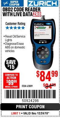 Harbor Freight Coupon ZURICH OBD2 CODE READER WITH LIVE DATA ZR8 Lot No. 63809 Expired: 12/24/18 - $84.99