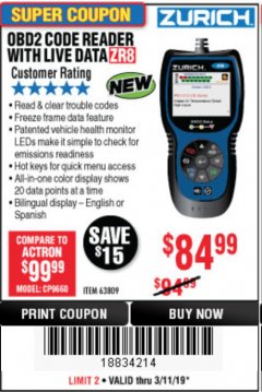 Harbor Freight Coupon ZURICH OBD2 CODE READER WITH LIVE DATA ZR8 Lot No. 63809 Expired: 3/31/19 - $84.99