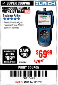 Harbor Freight Coupon ZURICH OBD2 CODE READER WITH LIVE DATA ZR8 Lot No. 63809 Expired: 11/17/19 - $69.99