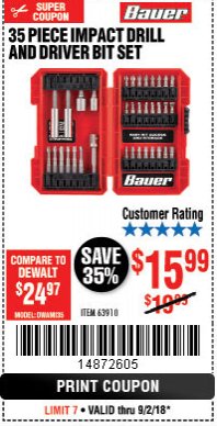 Harbor Freight Coupon 35 PIECE IMPACT DRILL AND DRIVER BIT SET Lot No. 63910 Expired: 9/2/18 - $15.99