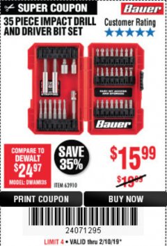 Harbor Freight Coupon 35 PIECE IMPACT DRILL AND DRIVER BIT SET Lot No. 63910 Expired: 2/10/19 - $15.99