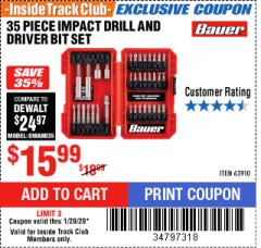 Harbor Freight Coupon 35 PIECE IMPACT DRILL AND DRIVER BIT SET Lot No. 63910 Expired: 1/28/20 - $15.99