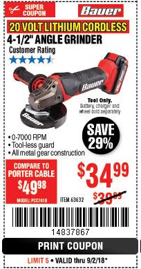 Harbor Freight Coupon 20 VOLT LITHIUM CORDLESS 4-1/2" ANGLE GRINDER Lot No. 63632 Expired: 9/2/18 - $34.99