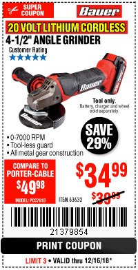 Harbor Freight Coupon 20 VOLT LITHIUM CORDLESS 4-1/2" ANGLE GRINDER Lot No. 63632 Expired: 12/16/18 - $34.99