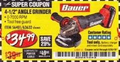 Harbor Freight Coupon 20 VOLT LITHIUM CORDLESS 4-1/2" ANGLE GRINDER Lot No. 63632 Expired: 6/30/19 - $34.99
