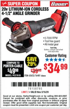 Harbor Freight Coupon 20 VOLT LITHIUM CORDLESS 4-1/2" ANGLE GRINDER Lot No. 63632 Expired: 3/15/20 - $34.99