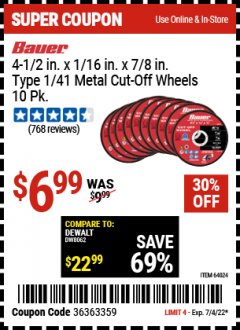 Harbor Freight Coupon 4-1/2", 40 GRIT METAL CUT-OFF WHEELS PACK OF 10 Lot No. 64024 Expired: 7/4/22 - $6.99