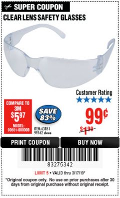Harbor Freight Coupon CLEAR LENS SAFETY GLASSES Lot No. 63851/99762 Expired: 3/17/19 - $0.99