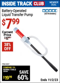Harbor Freight ITC Coupon BATTERY OPERATED LIQUID TRANSFER PUMP Lot No. 64124/63847 Expired: 11/2/23 - $7.99