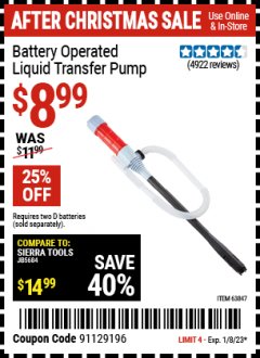 Harbor Freight Coupon BATTERY OPERATED LIQUID TRANSFER PUMP Lot No. 64124/63847 Expired: 1/8/23 - $8.99