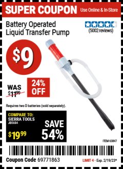 Harbor Freight Coupon BATTERY OPERATED LIQUID TRANSFER PUMP Lot No. 64124/63847 Expired: 2/19/23 - $9