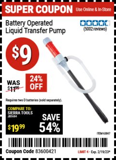 Harbor Freight Coupon BATTERY OPERATED LIQUID TRANSFER PUMP Lot No. 64124/63847 Expired: 2/19/23 - $9